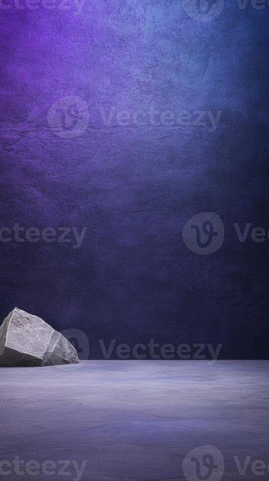 A large stone sits on a flat purple surface against a textured, gradient blue to purple backdrop photo