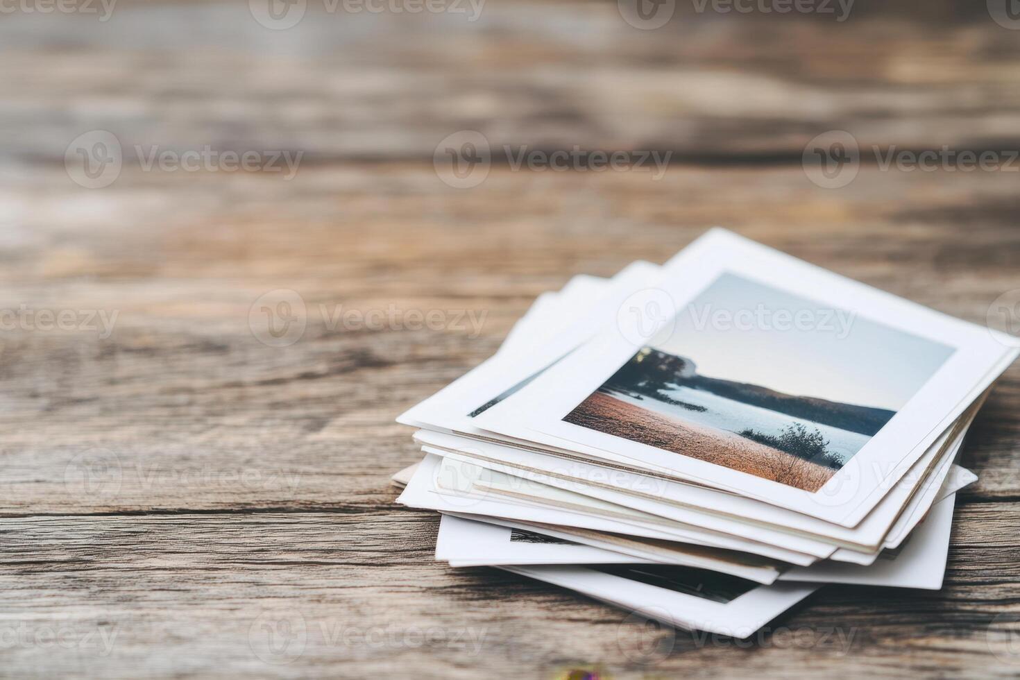 Stack of printed photos of scenic landscapes, evoking memories, stories, and nostalgia