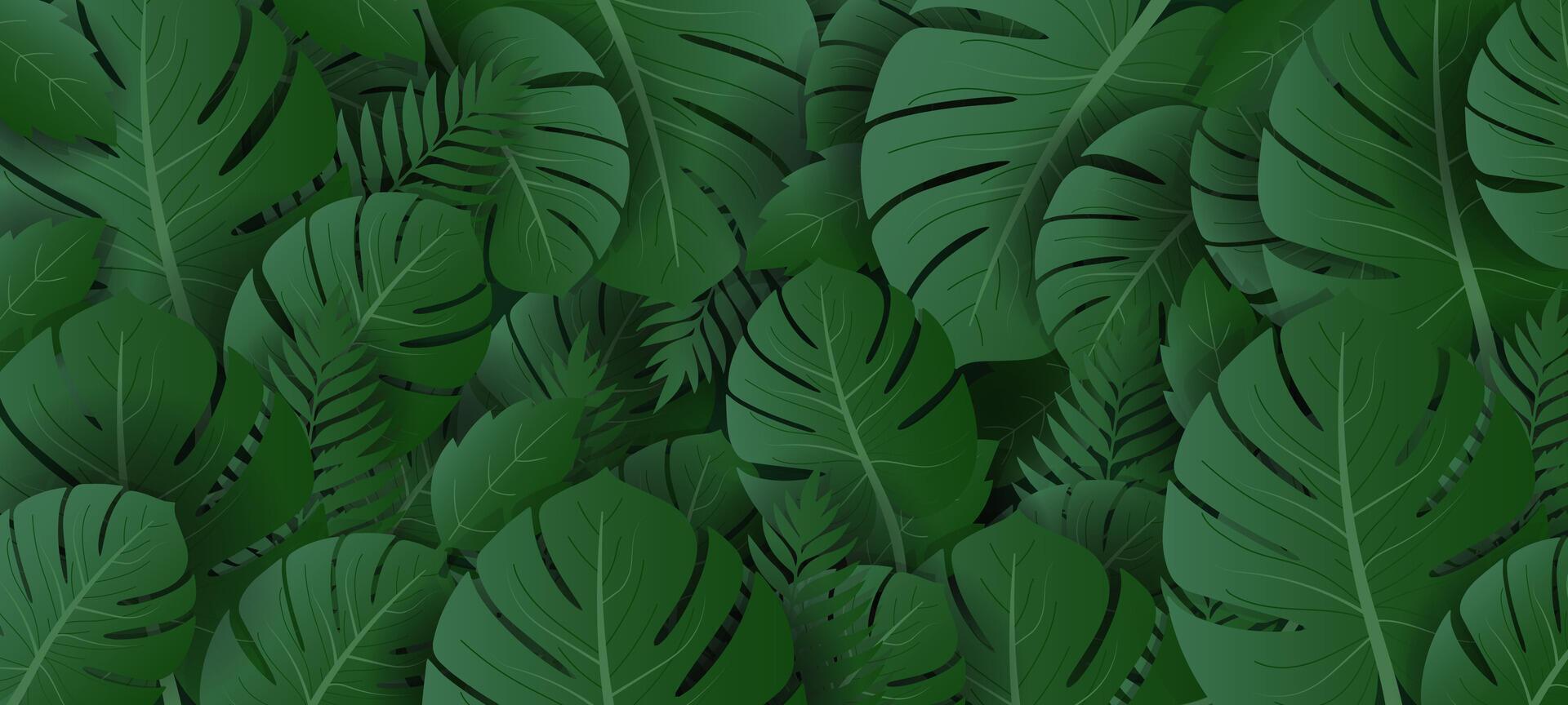 exotic green background with many tropical leaves vector
