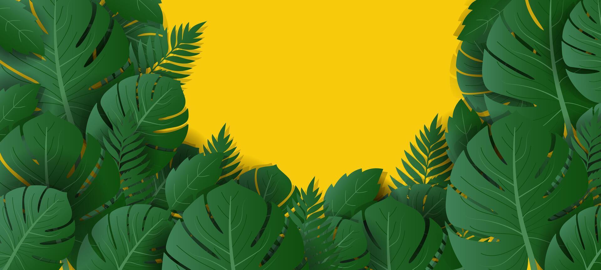 tropical leaves on yellow background and copy space for text vector