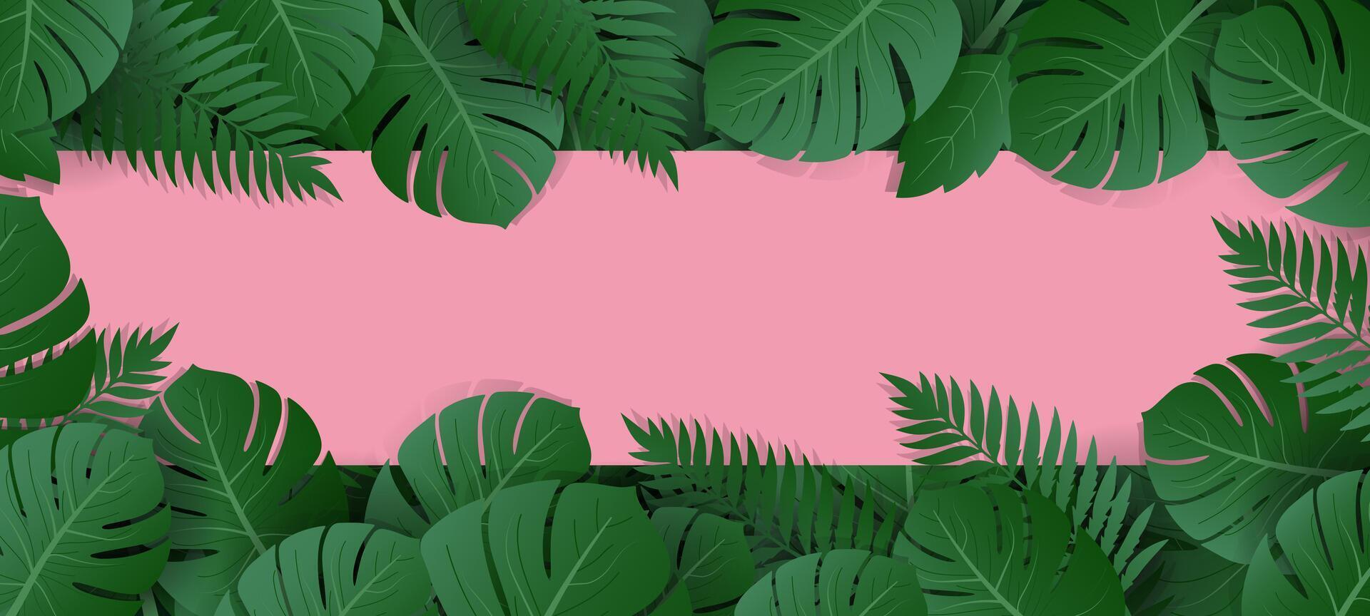 tropical leaves on pink background with blank space for text vector