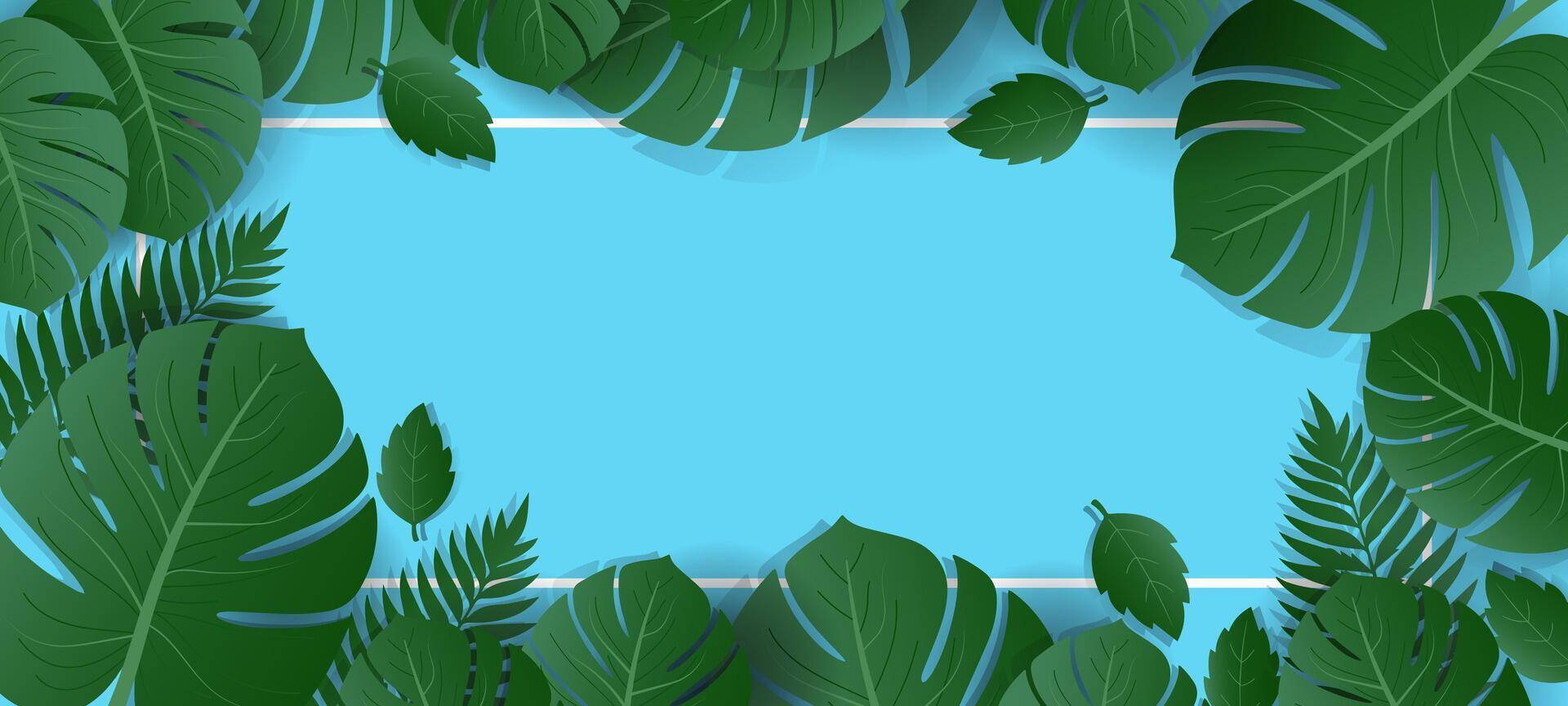 tropical leaves on blue background with white border vector