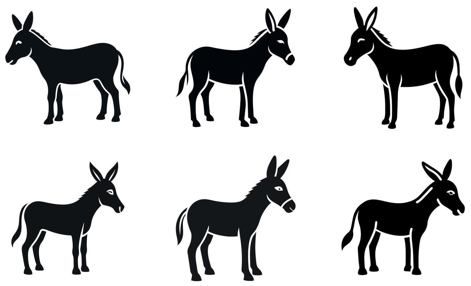 Six silhouette images of donkeys, in various poses. vector