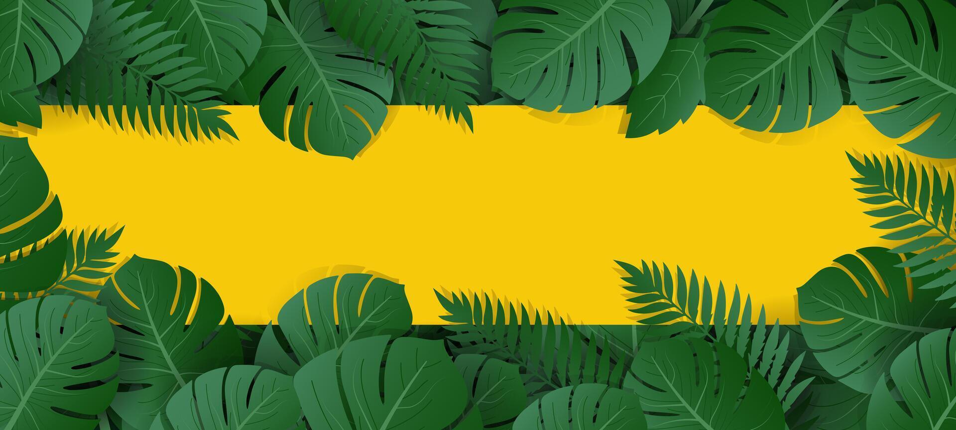 tropical leaves background with yellow frame vector