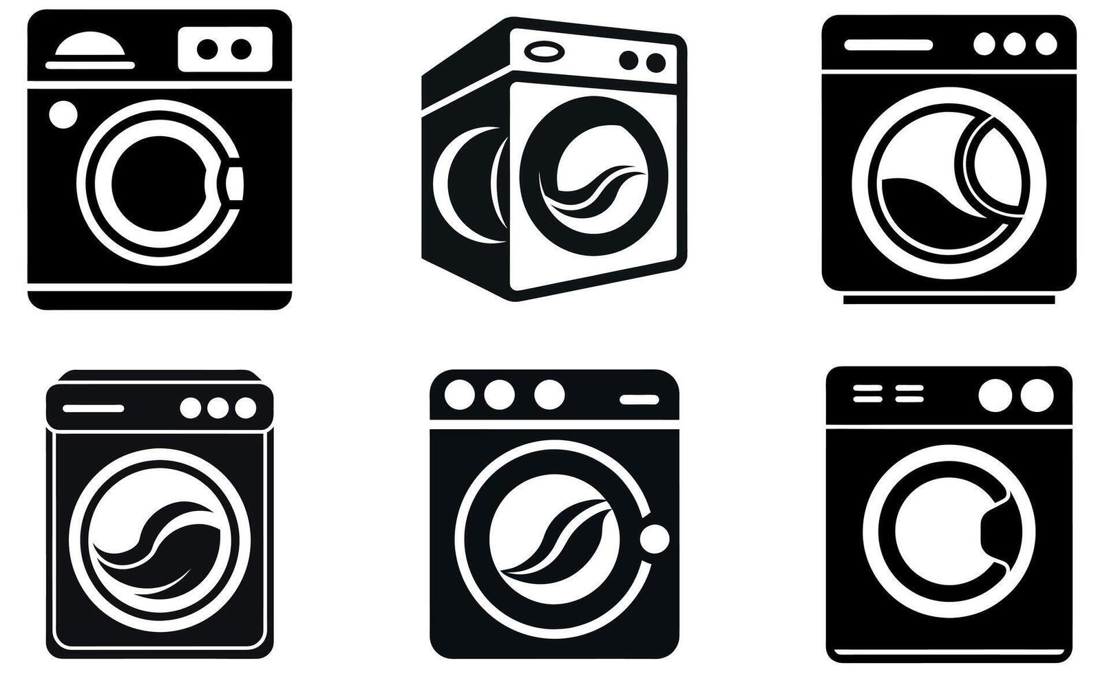 A set of six simple, black and white icons depicting various washing machines. vector
