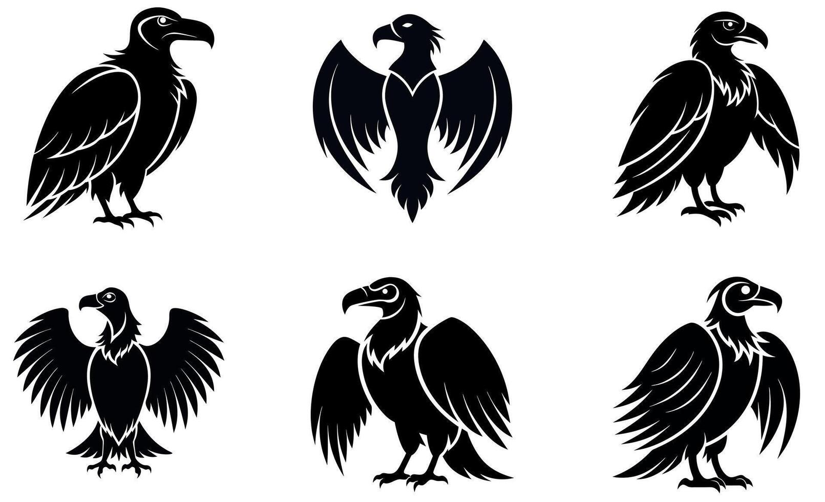 black and white silhouette illustrations of vultures vector