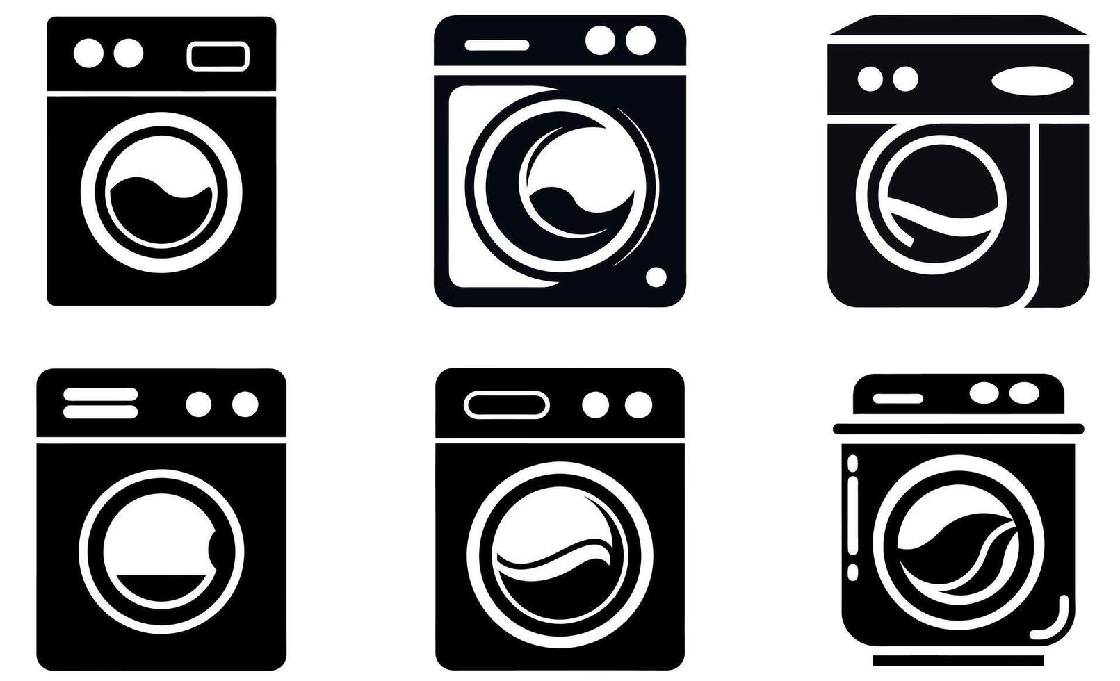 black and white icons depicting various washing machines. vector