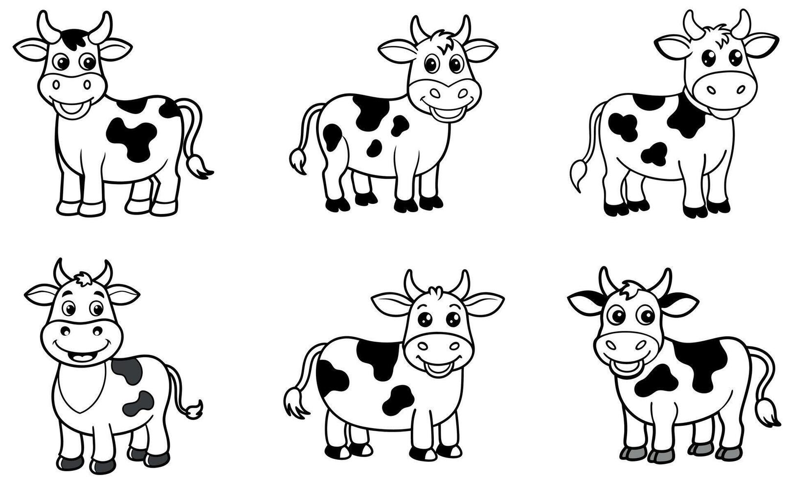 This image features a set of six adorable cartoon cows in black and white, perfect for coloring pages or educational materials. design vector