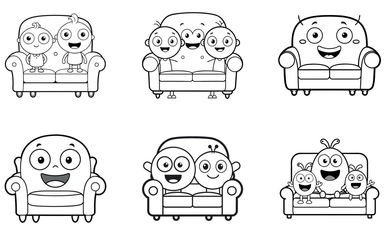 Cartoon Characters Relaxing on Sofa icon set vector