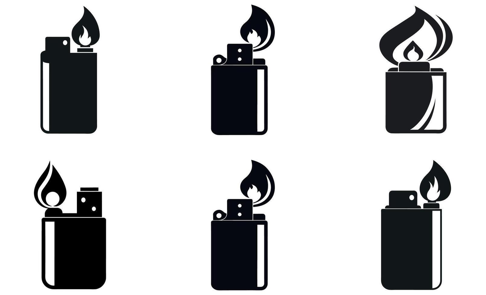 Six simple, black silhouette icons of lighters, each with a lit flame. vector