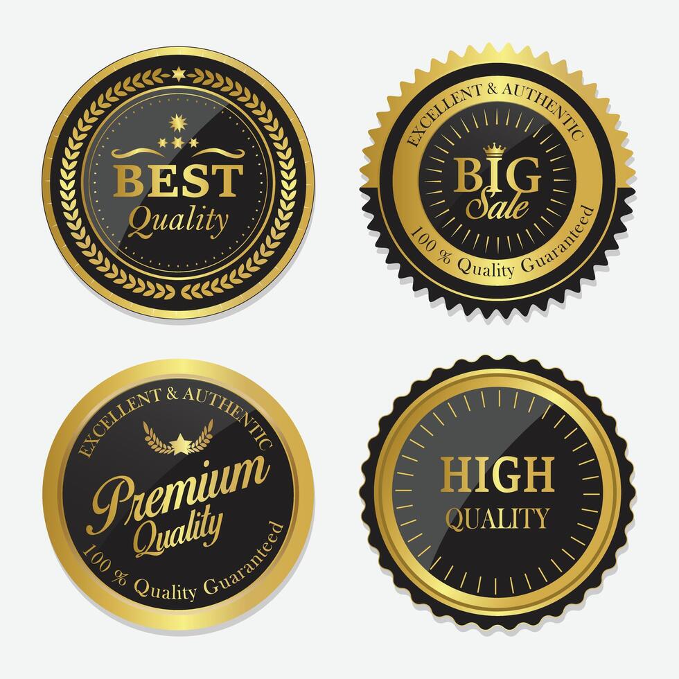 Luxury golden badges. Premium quality stamp, gold labels and best offer badge illustration set vector