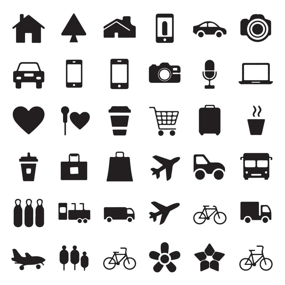 icons, symbols, pictograms, black and white, simple shapes, minimalist design vector