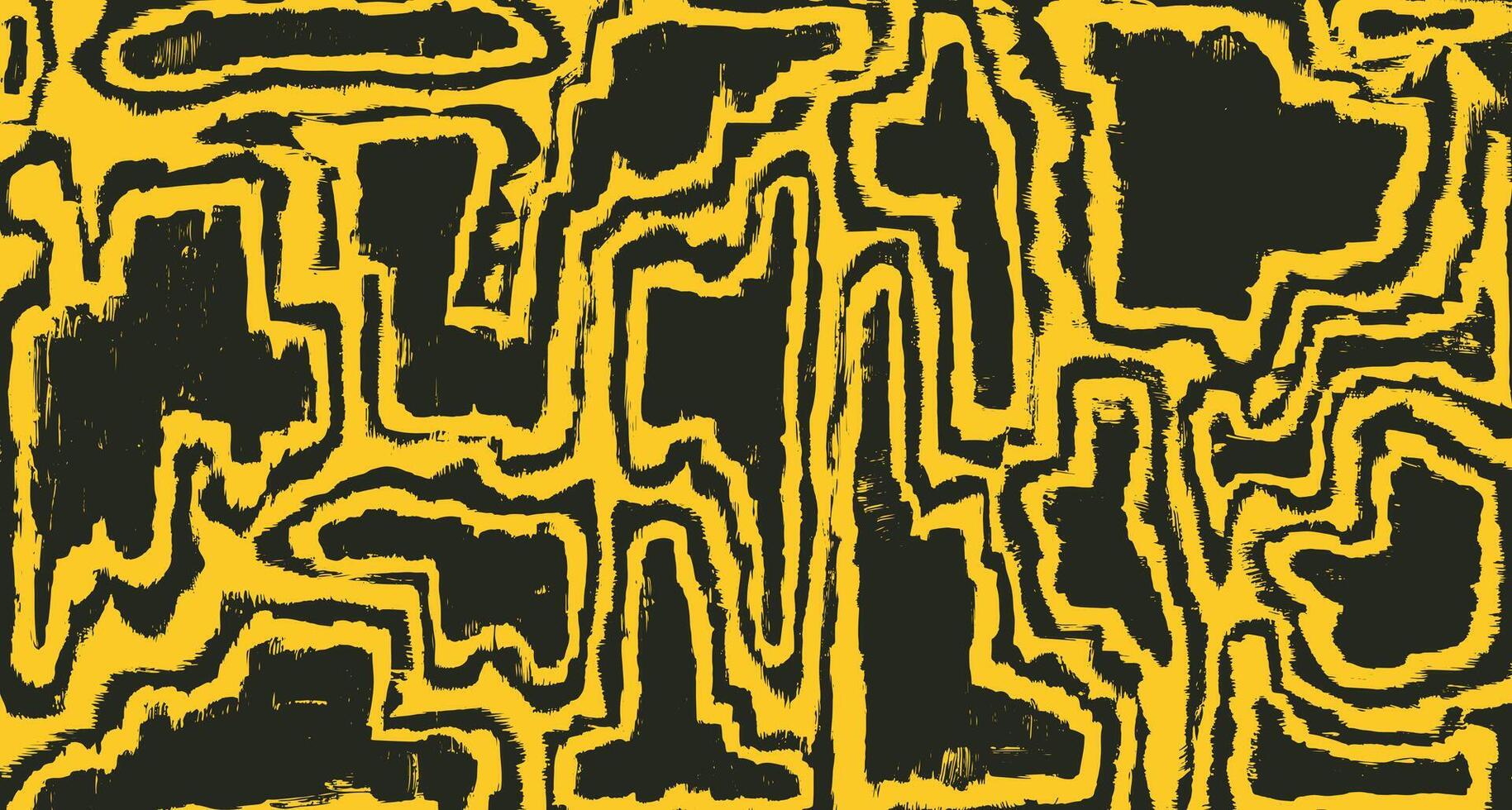 Hand drawn paint brush abstract background in black and yellow, tribal and ethnic folk wood carving, engraving textured surface, fun graphic for textile, stationary, carpet, vector