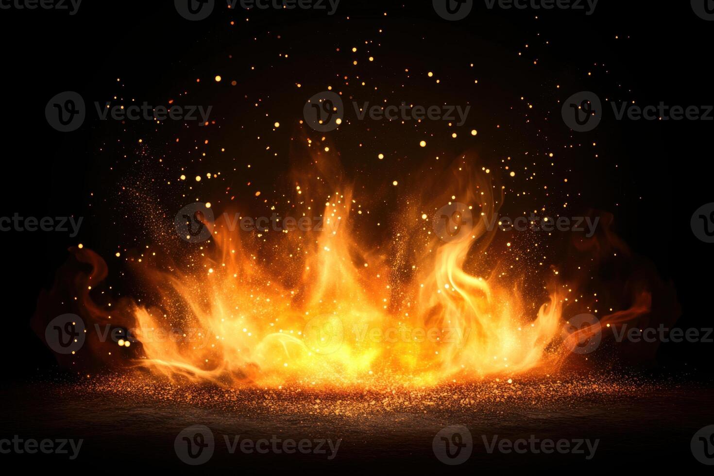 Fiery orange flames against a black backdrop, with golden sparks adding a touch of magic and warmth photo