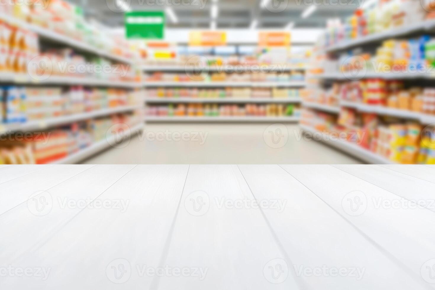 A clean white wooden tabletop surface in the foreground of a blurred supermarket aisle view photo