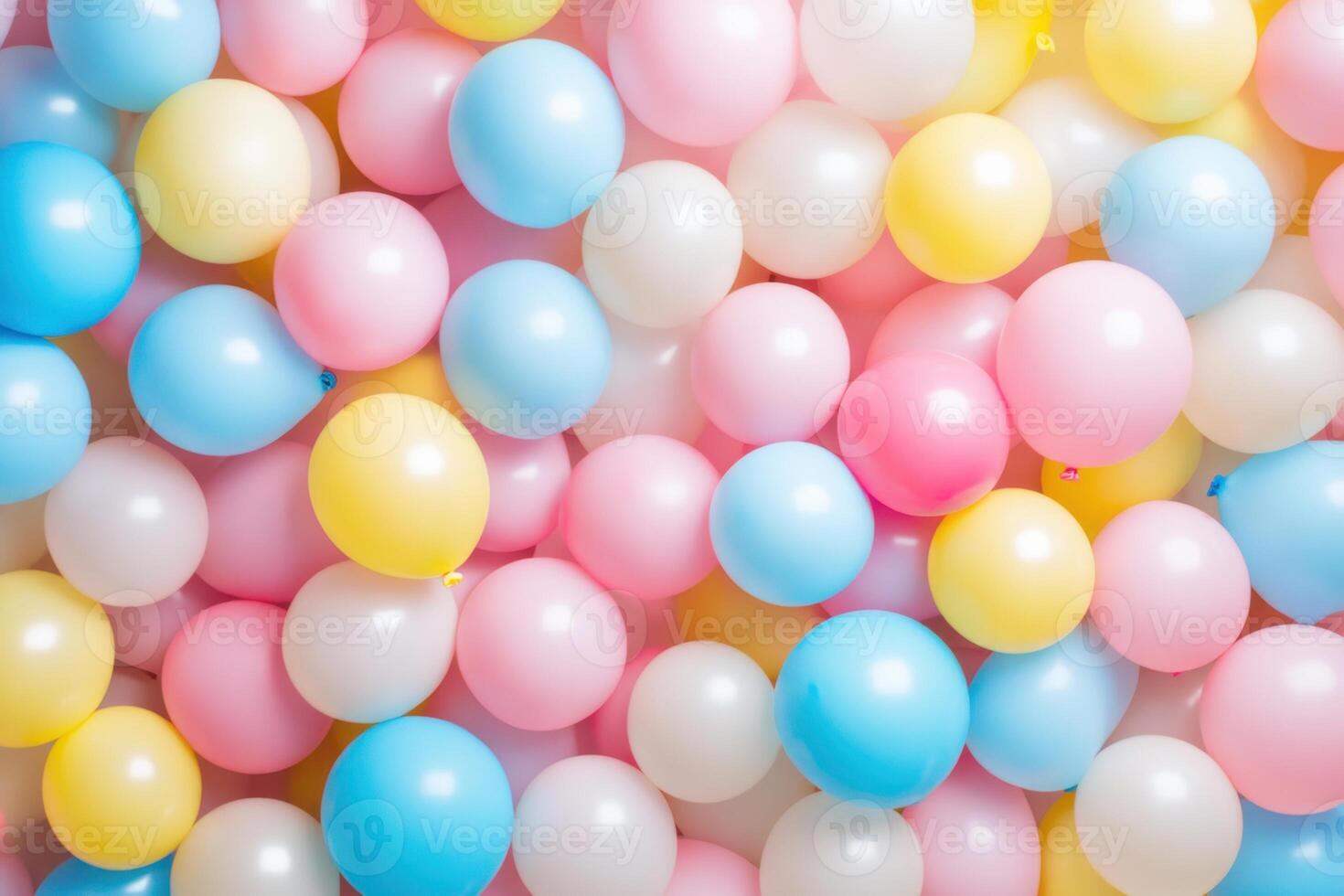 A delightful arrangement of pastel balloons in pink, blue, white, and yellow hues filling the frame photo
