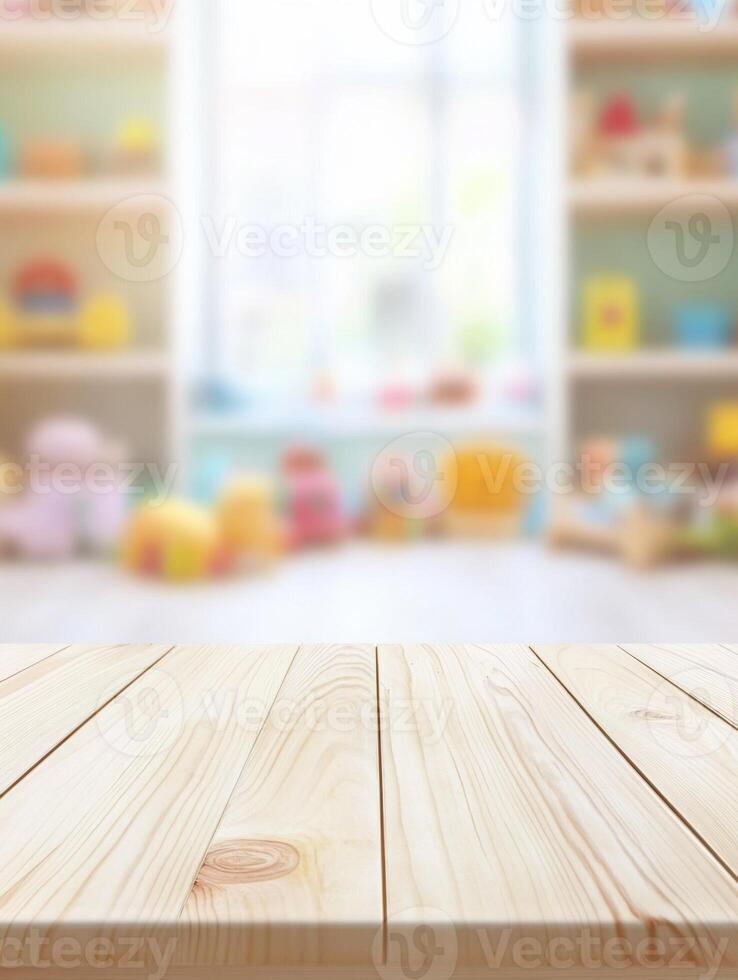 Light wooden table in a bright, playful children's room with a view of shelves filled with toys photo