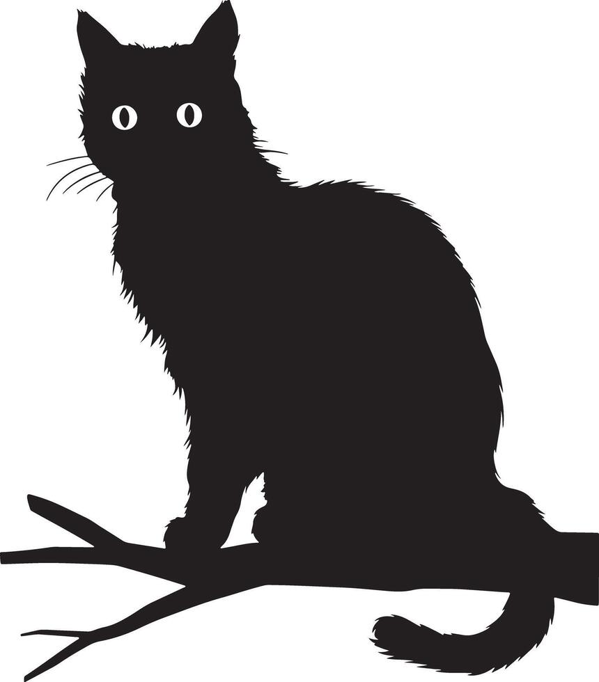 A Black Cat Sitting On Branch Of A Tree vector