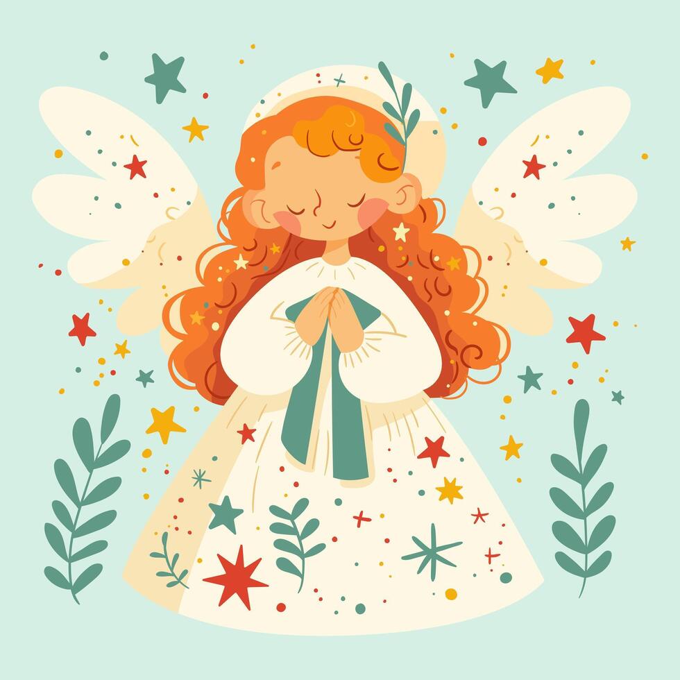 A spring card. Cute little angel girl with wings, in a white cap vector