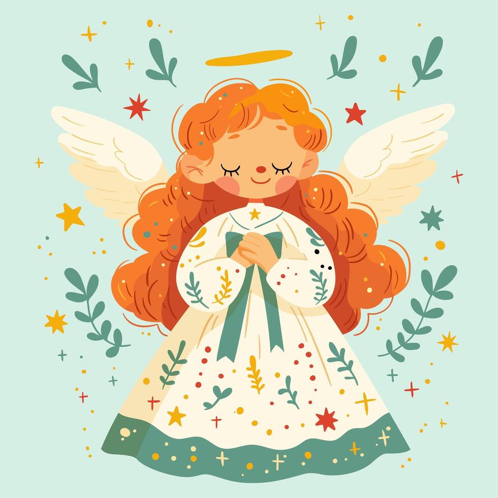 A spring card. A cute little angel girl is holding a bow with wings and a halo above her head vector