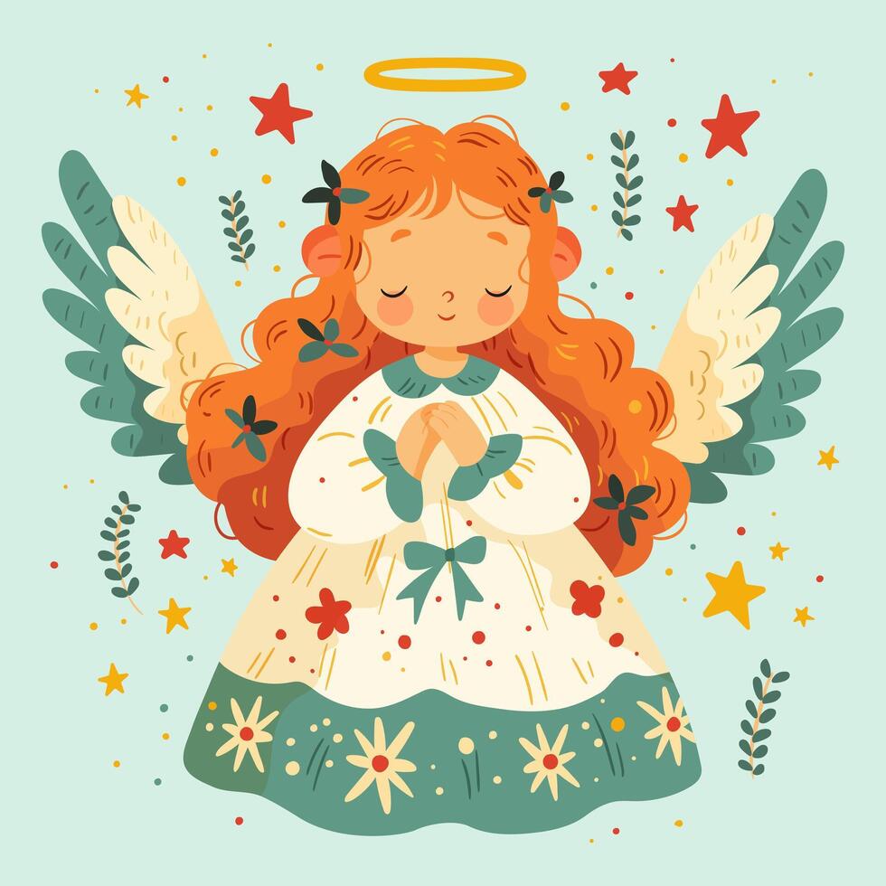 A spring card. Cute angel girl with wings and a halo over her head. vector