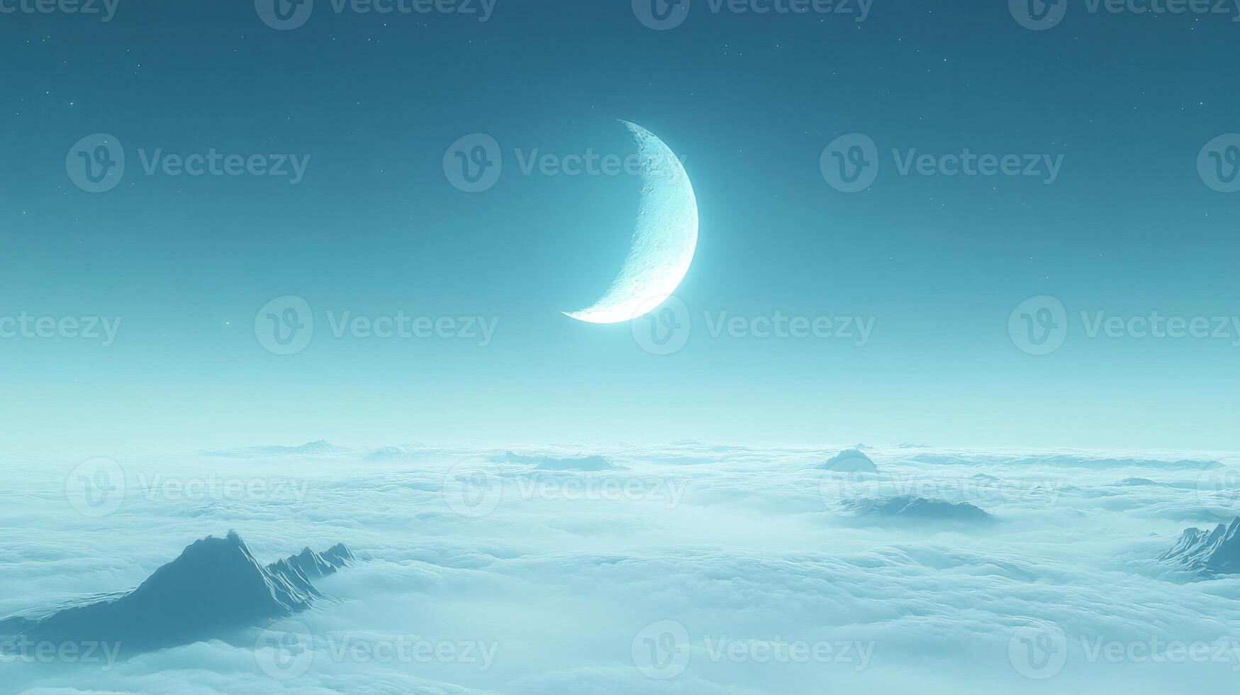 Crescent Moon Over Snowy Mountains And Clouds photo