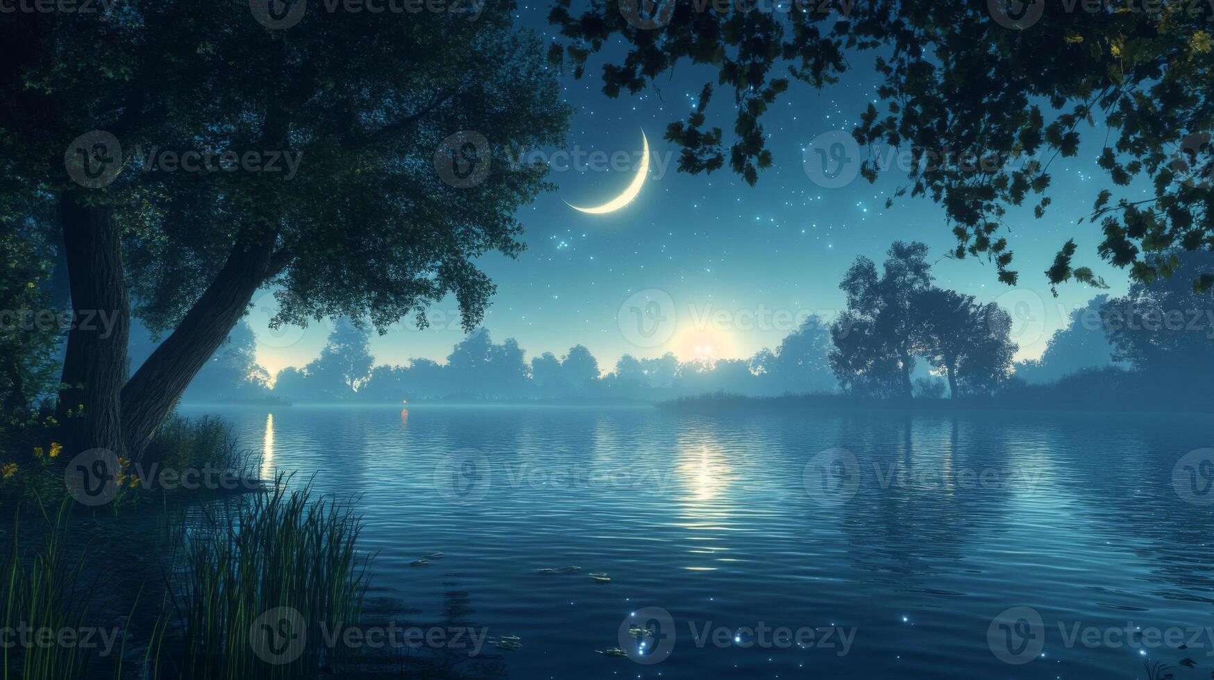 Serene moonlit lake scene with trees and stars photo
