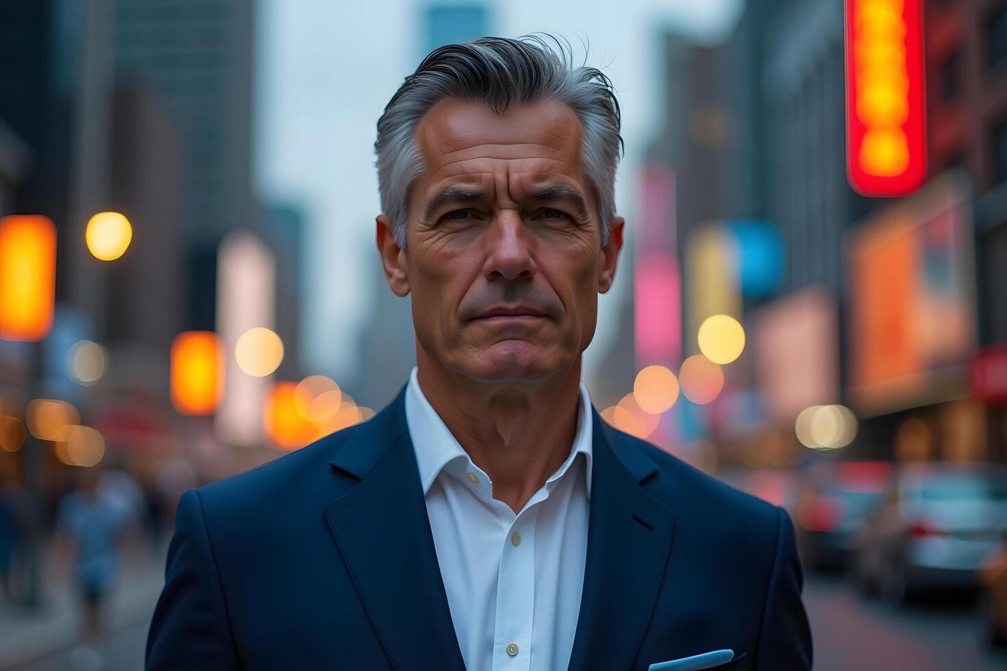 A man in a suit standing in the middle of a city street photo