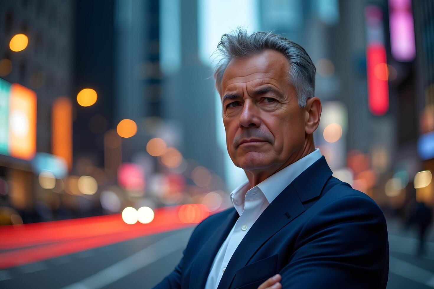 A man in a suit standing in the middle of a city street photo
