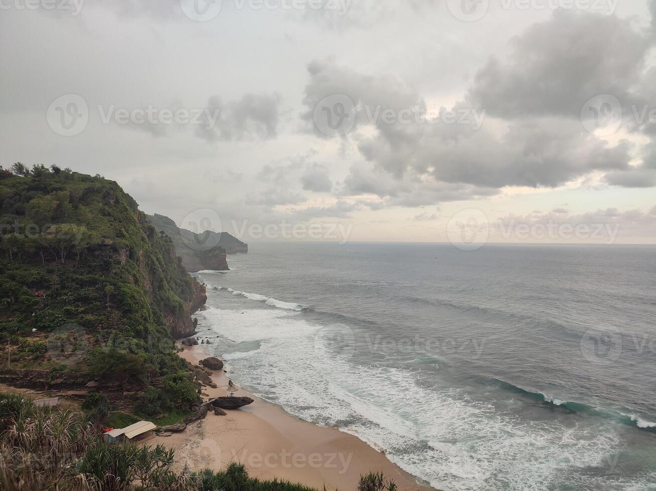a view of the ocean and beach from hill photo