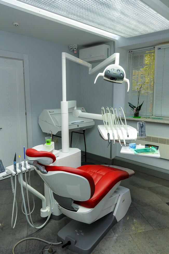 ODESSA, UKRAINE- NOVEMBER 01, 2017 modern dental chair, dentist's workplace photo