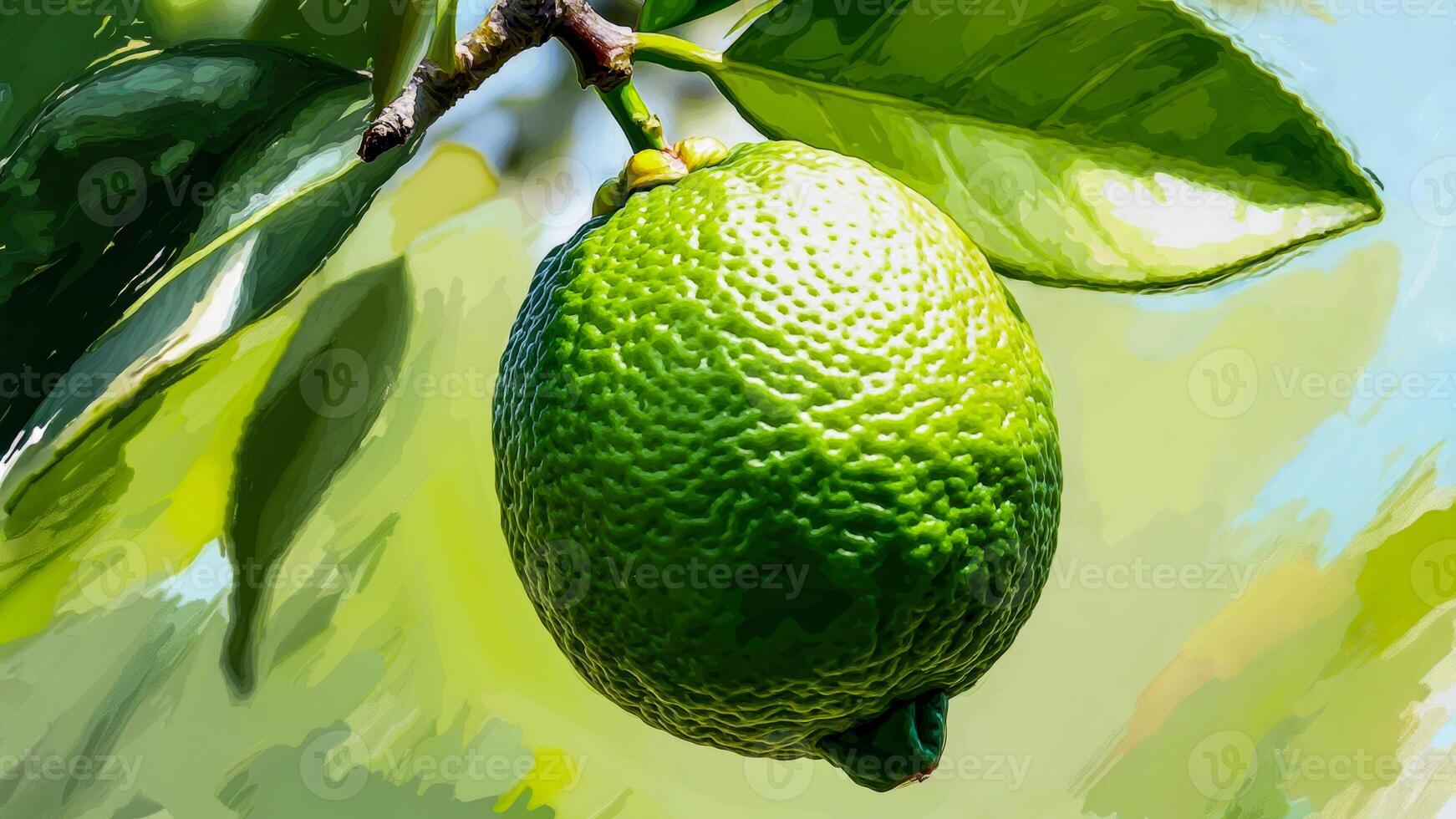 Lime hanging on a tree branch under soft sunlight in a lush garden setting during late spring, revealing vibrant green color and textured skin photo
