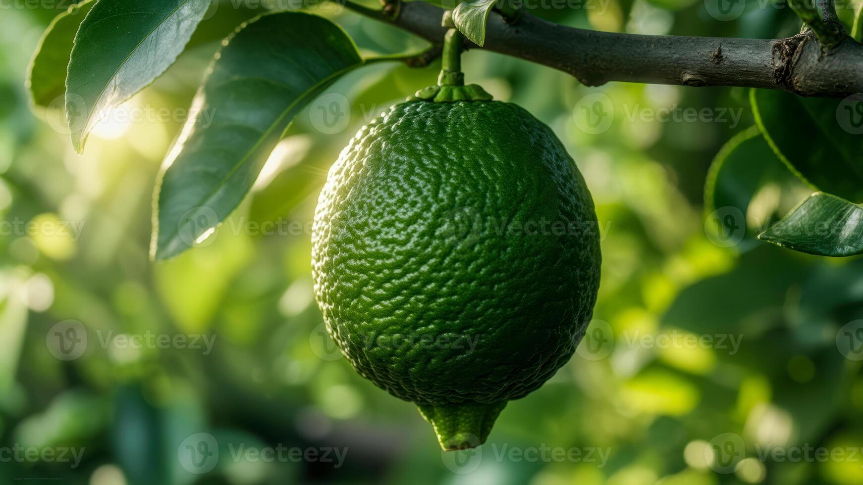 Lime hanging on a tree branch surrounded by lush greenery during a sunny afternoon in a tropical garden showcasing nature's ripe fruits photo