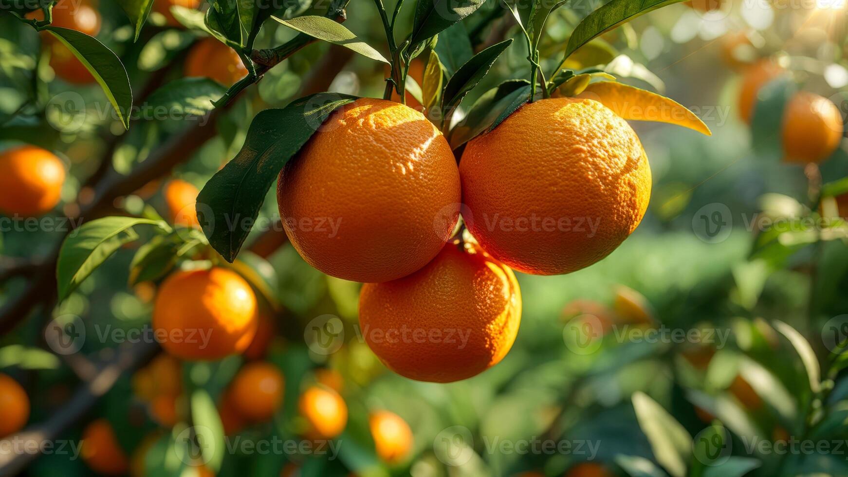 Oranges hanging on lush green orange tree branches during sunny daylight in a vibrant orchard showcasing ripe fruits ready for harvest photo