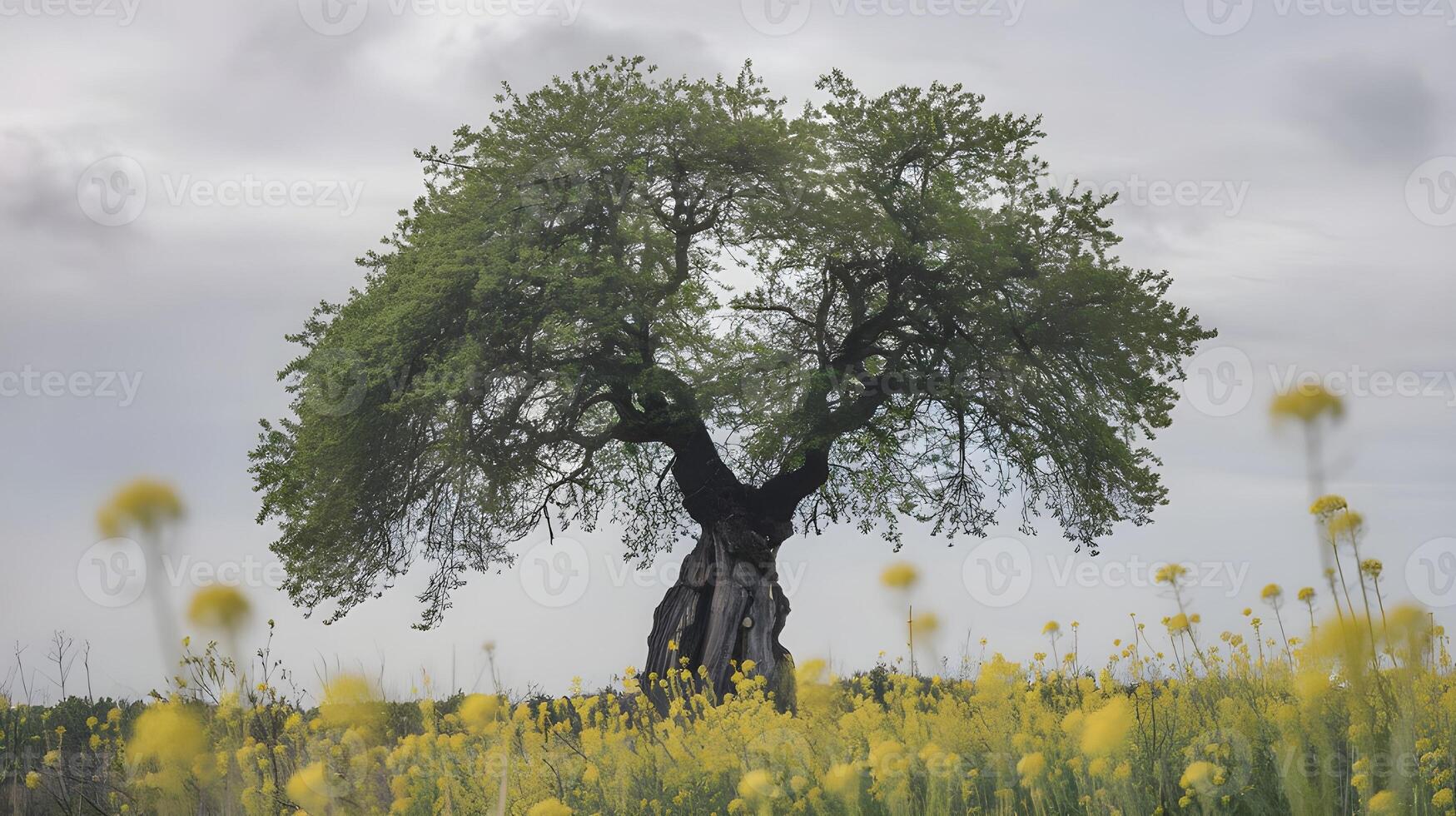 A solitary tree blossoms amidst a vibrant field of yellow flowers under a cloudy sky. photo