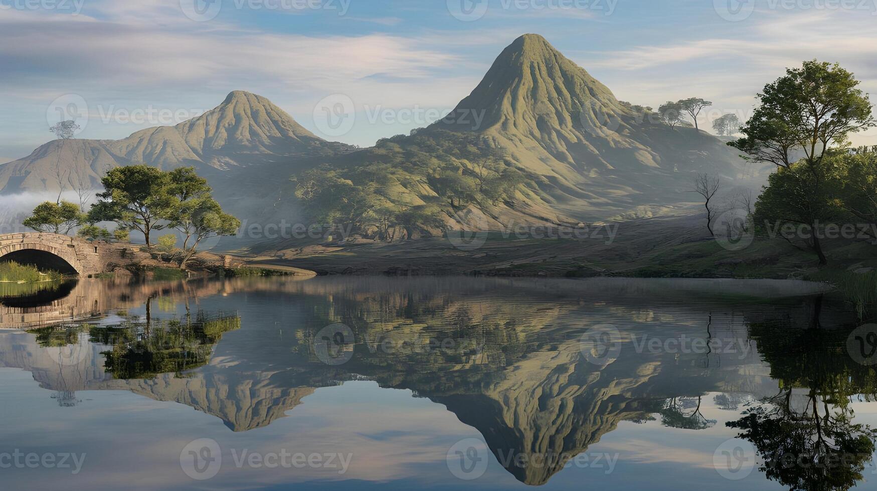 Majestic mountains reflect in the still lake, framed by a charming stone bridge and lush trees. photo