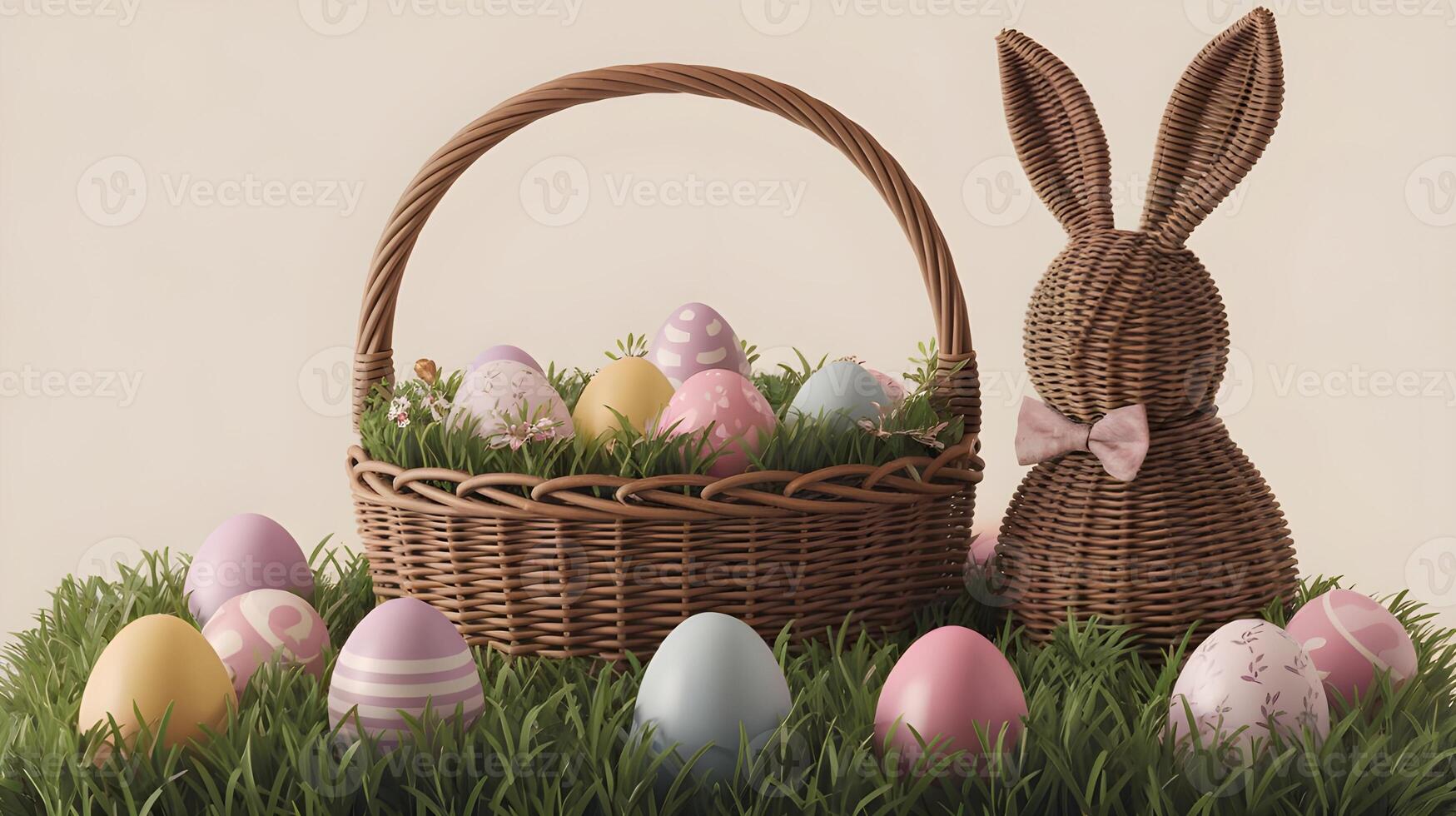 A charming wicker bunny and colorful Easter eggs in a basket create a festive spring holiday scene. photo