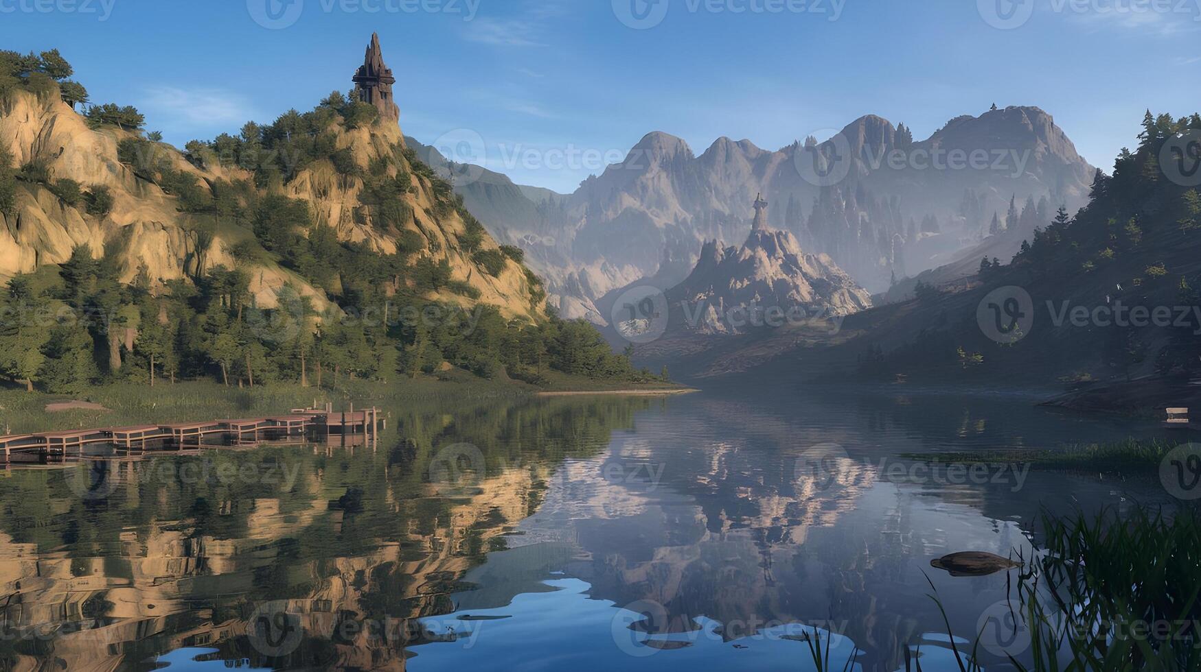 Majestic mountains and lush forests reflect perfectly in the still waters of a serene lake. photo