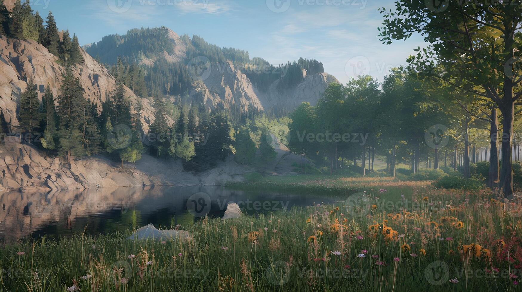 Idyllic mountain lake reflects the rocky peaks and lush forest, creating a tranquil and scenic landscape. photo