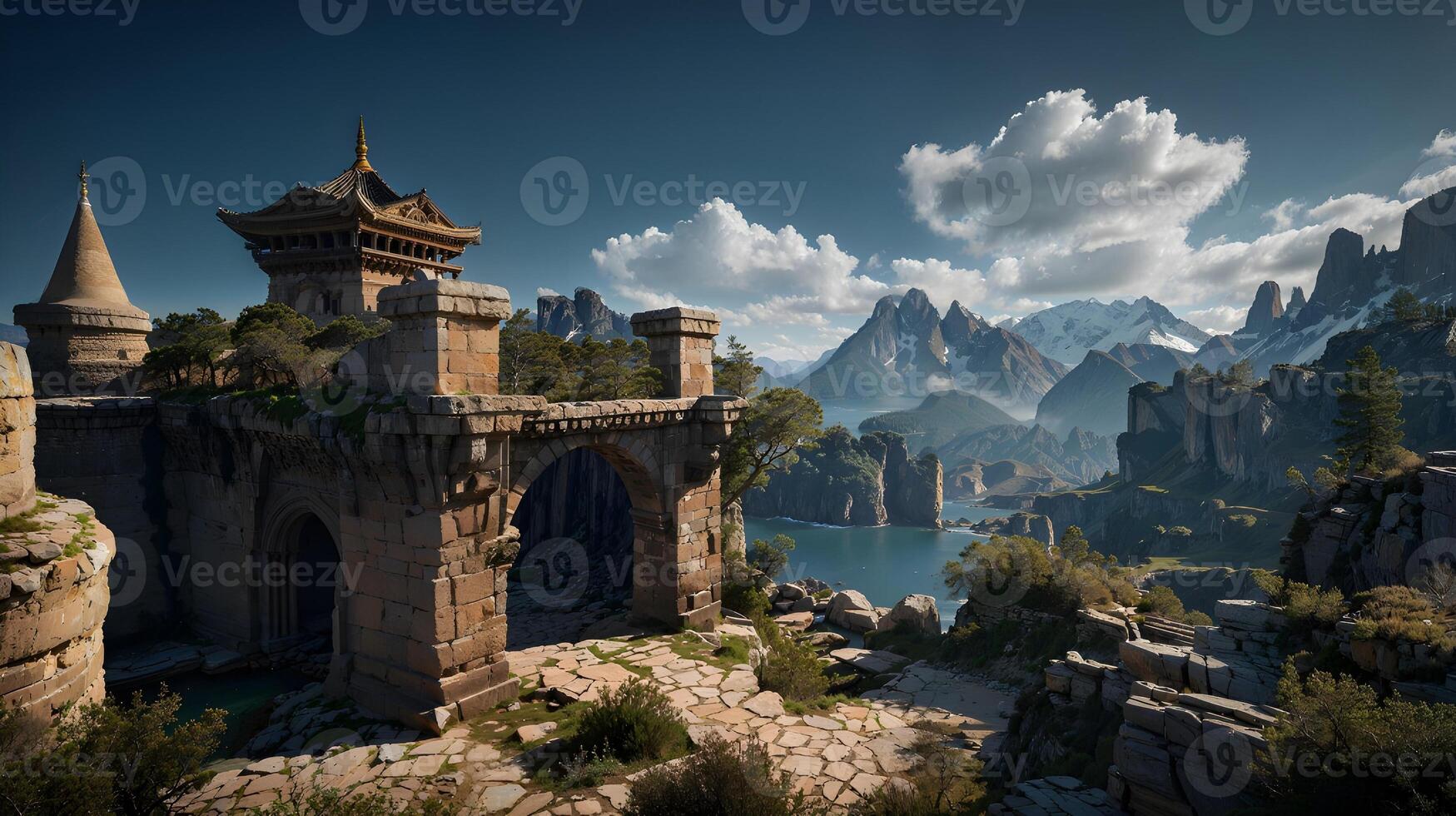 Ancient stone fortress stands guard over a serene lake, with majestic mountains in the distance. photo