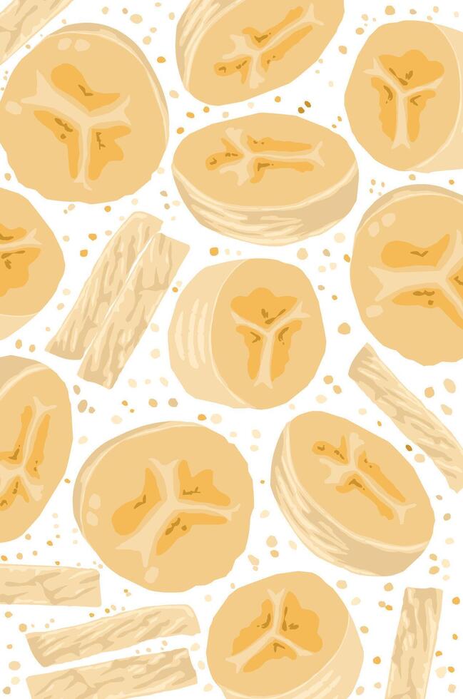 Fresh yellow banana slices on white background. Fruits wallpaper wrapping paper vector