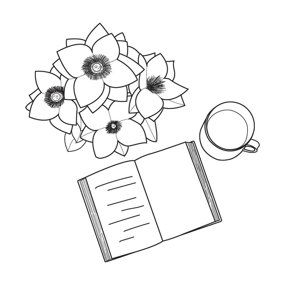 Black and White Line Art of Flowers, Open Book, and Coffee Cup vector