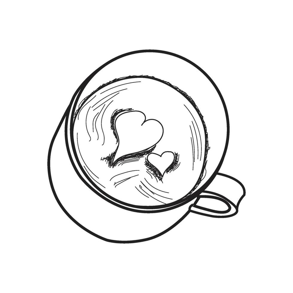Black and White Line Art of Coffee Cup with Heart Latte Art vector