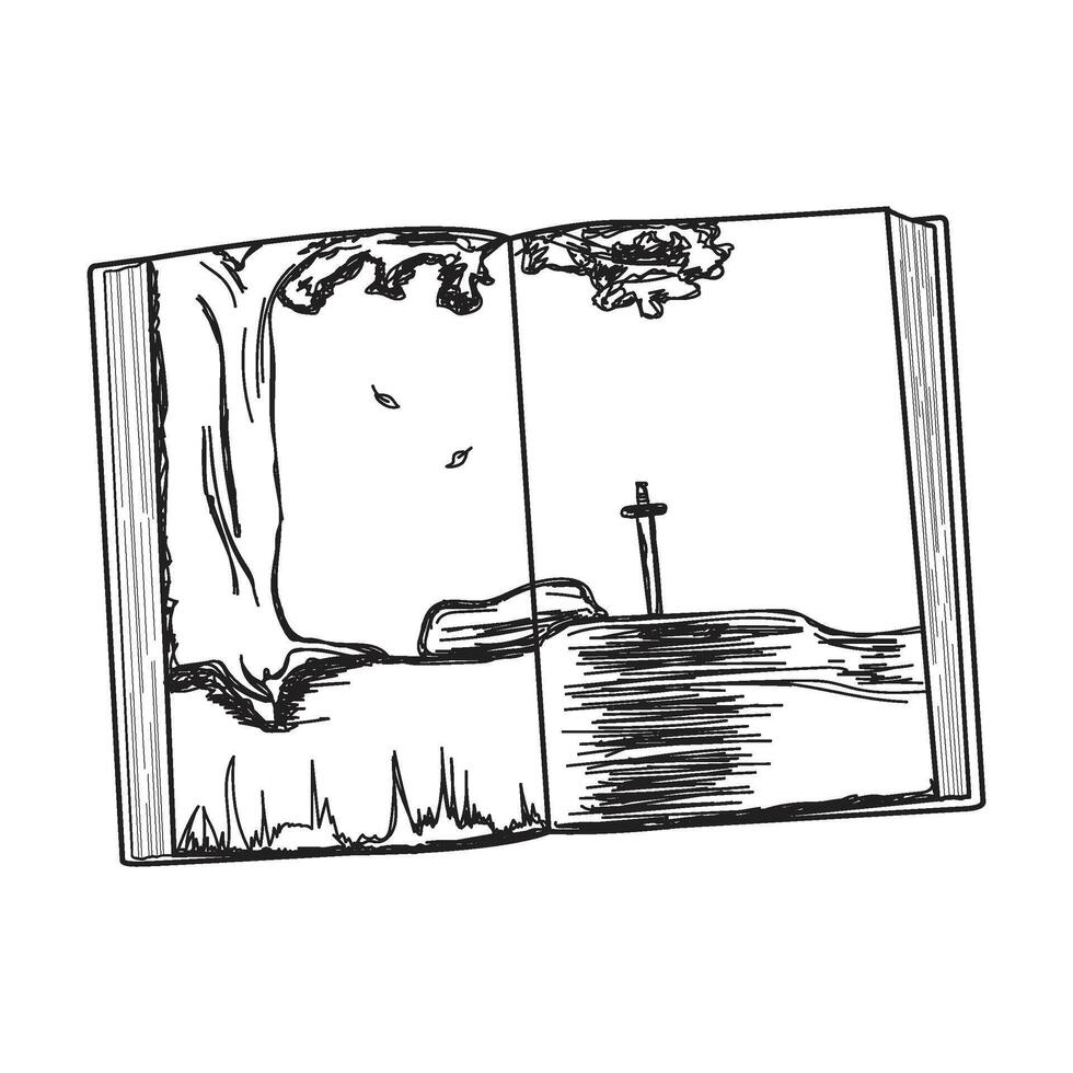 Illustration of a Tree with a Bench and a Sword vector