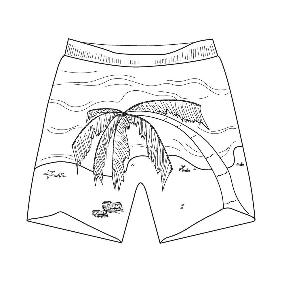 Black and White Line Art of Beach Shorts with Palm Tree Design vector