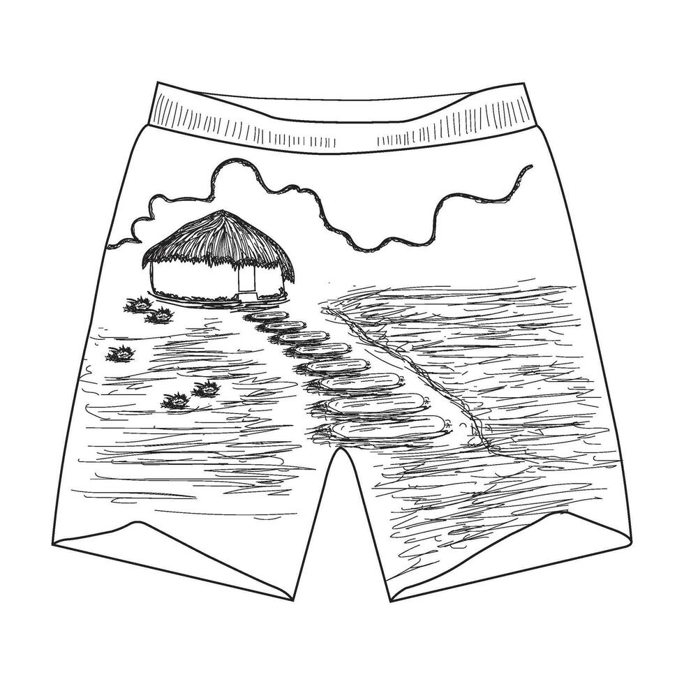 Black and White Line Art of Beach Shorts with Tropical Hut Design vector