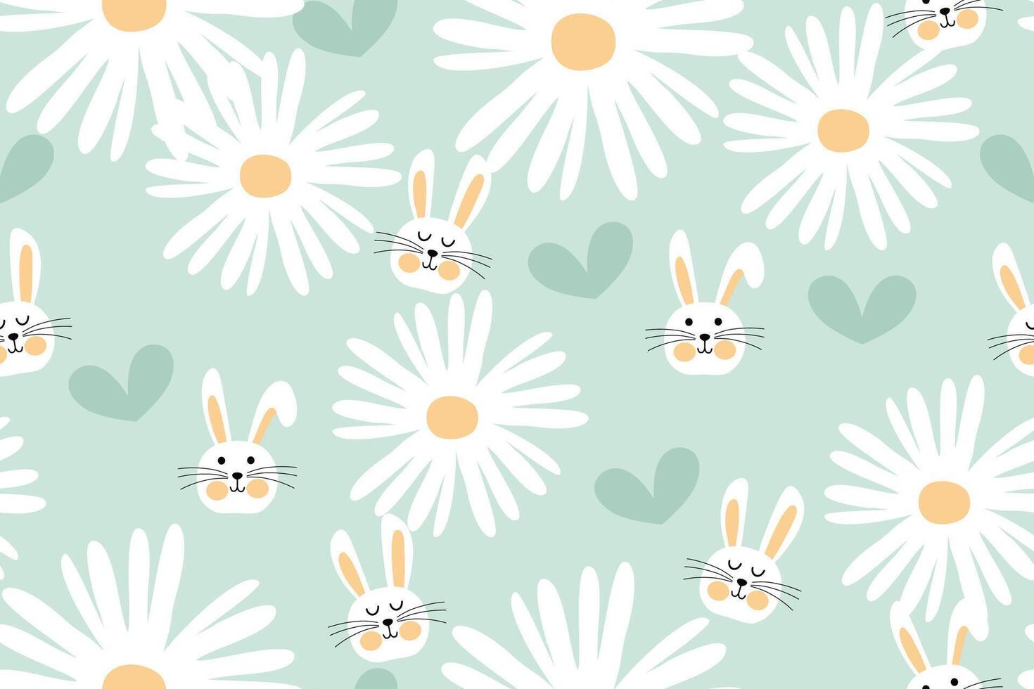 Oriental festival seamless pattern icons with colorful flowers, rabbits and heart. vector