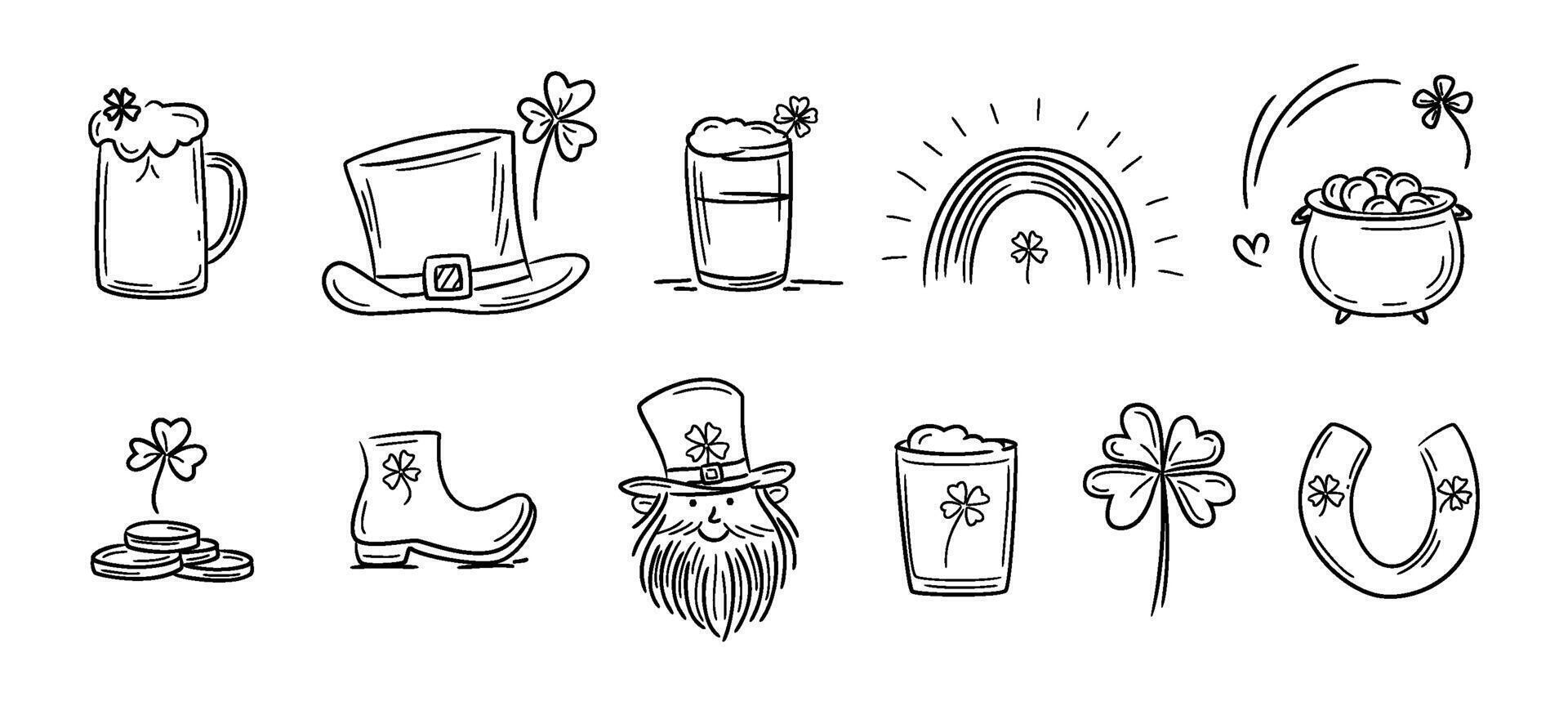 Set of hand drawn traditional symbols of St Patrick's Day, including hats, beer mug, leprechaun, pot with golden coins, rainbow. Irish culture, festive joy. St Patrick's Day elements vector