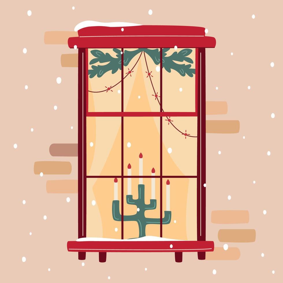 Christmas window with candlestick with lit candles decorated with fir branches and lights. Snowfall, warm Christmas or New Year atmosphere. Cozy winter evening vector