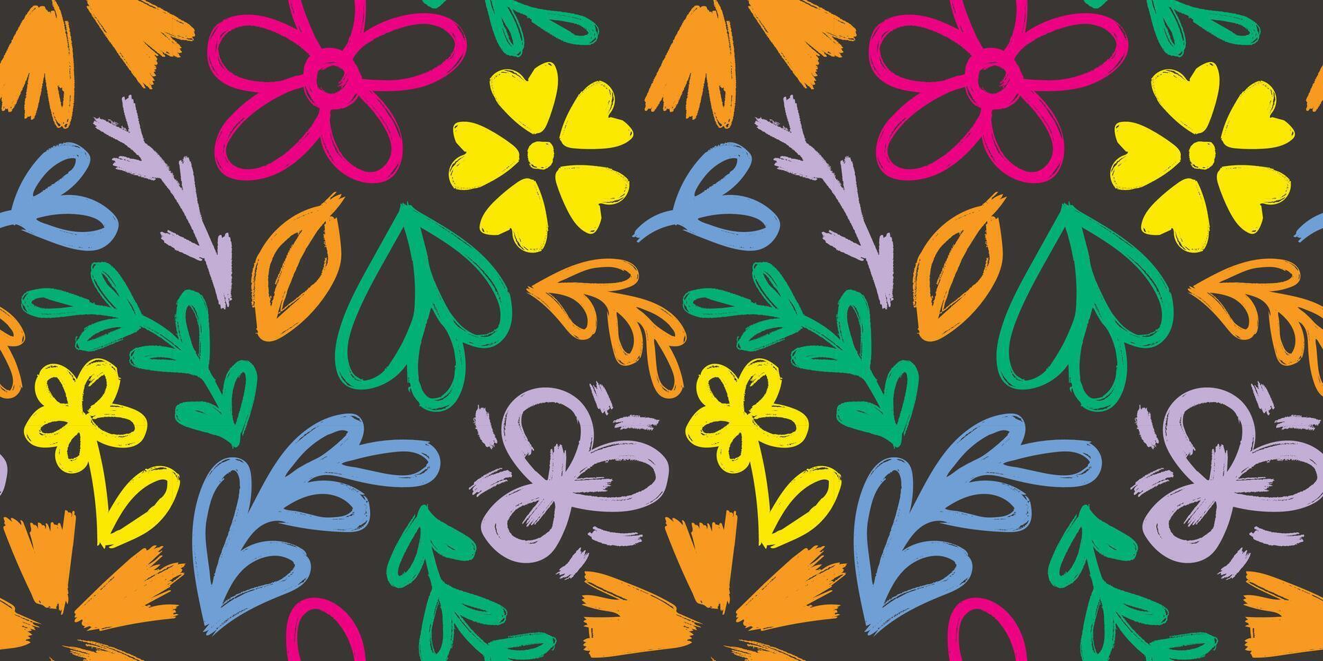 Playful colorful grunge flowers and herbs seamless pattern vector